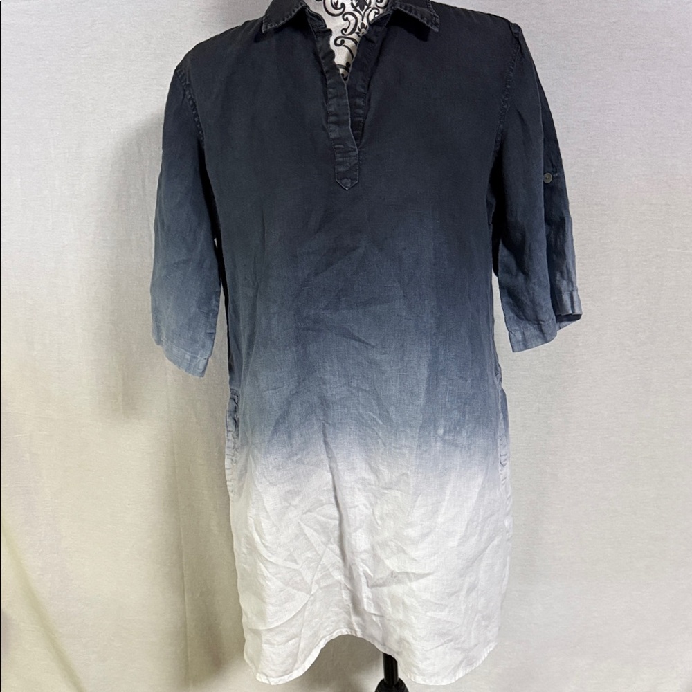Pure Amici Women's Linen Ombre Shirt Dress with Roll tab cuffs and pockets Mini